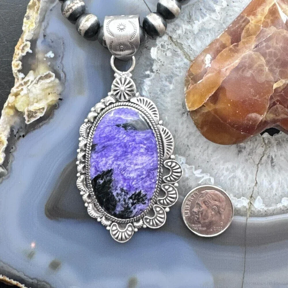 Sterling Southwestern Style Large Oval Charoite Decorated Pendant For Women
